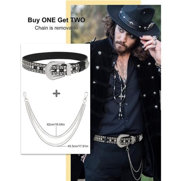 XZQTIVE Rhinestone Studded Western Leather Belt Vintage Bling Waist Belts main image 4